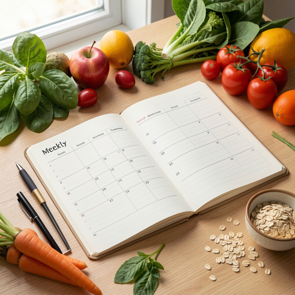Weekly meal planner open on a light wooden desk surrounded by seasonal vegetables, a pen, and a small bowl of oats in morning natural light