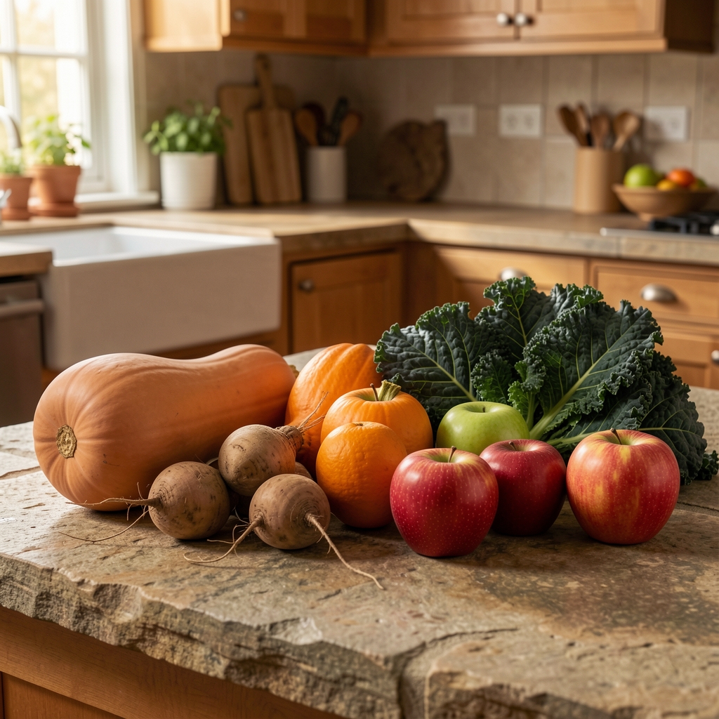 Fresh seasonal autumn vegetables and fruits arranged on a natural stone kitchen surface — butternut squash, root vegetables, apples and dark leafy kale in warm indoor light