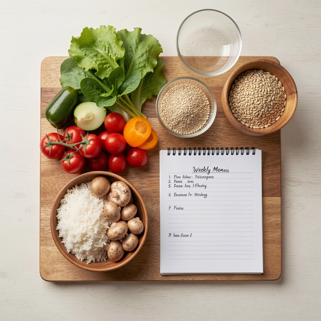 Overhead view of a carefully arranged daily meal plan on a clean kitchen table — wooden board, fresh vegetables, grains, and a handwritten weekly menu notepad